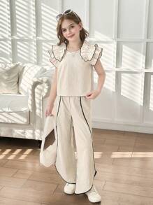 Set de 2 piezas para niñas con top de punto de color albaricoque con volantes y decoración de perlas, y pantalones 3/4 con bajo asimétrico. Elegante vestimenta diaria y de resort para el verano