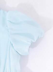 Girls' Solid Color Collar Puff Sleeve Cinched Waist Elegant Dress, Summer - Blue - View 7