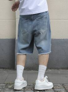 Manfinity EMRG Shorts de mezclilla de moda con bolsillos rotos y dobladillo deshilachado de unicolor para hombre