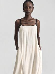 Ontre Damen Leinen Exklusivkleid für alle Jahreszeiten, lässiges Pendelkleid mit Träger und Rückenausschnitt, schwarzes Trägerkleid