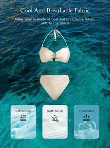 MOTF PREMIUM RUCHED HALTER BIKINI SET FOR SUMMER BEACH VACATION - Champagne - View 9