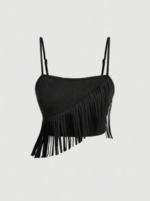 SHEIN MOD Women's 2pcs Black Suede Fringe Set, Music Festival Outfit, Western Style - Black - View 3