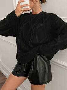 SHEIN Solid Color Twist Knit Crew Neck Casual Versatile Long Sleeve Pullover Sweater Knit Sweater Black Sweater Cable Knit Sweater,Jumper,Cream Jumper,Jumpers For Women,Jumpers,Womens Jumper,White Jumper,Women's Jumper,Women's Jumpers,Winter Clothes
