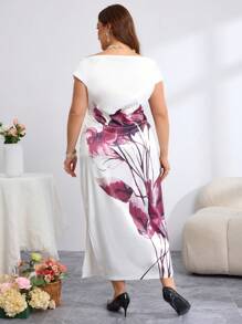 SHEIN Clasi Plus Size Women Elegant And Romantic 3D Flower Decoration On Shoulders, One-Shoulder Satin Floral Bodycon Fitted Elegant Dress,Wedding Guest Dress Women,Summer,Satin Dress,Suitable For Summer