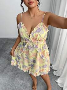 INAWLY Robe courte d'été en mousseline de soie à imprimé floral avec fines bretelles pour femmes grandes tailles - Multicolore - Voir 4