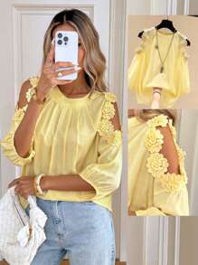 Easowa Women's Solid Color Applique Decor Off Shoulder Pleated Fashion Blouse Butter Yellow Fairycore Flowy Top Going Out Tops - Yellow - View 4