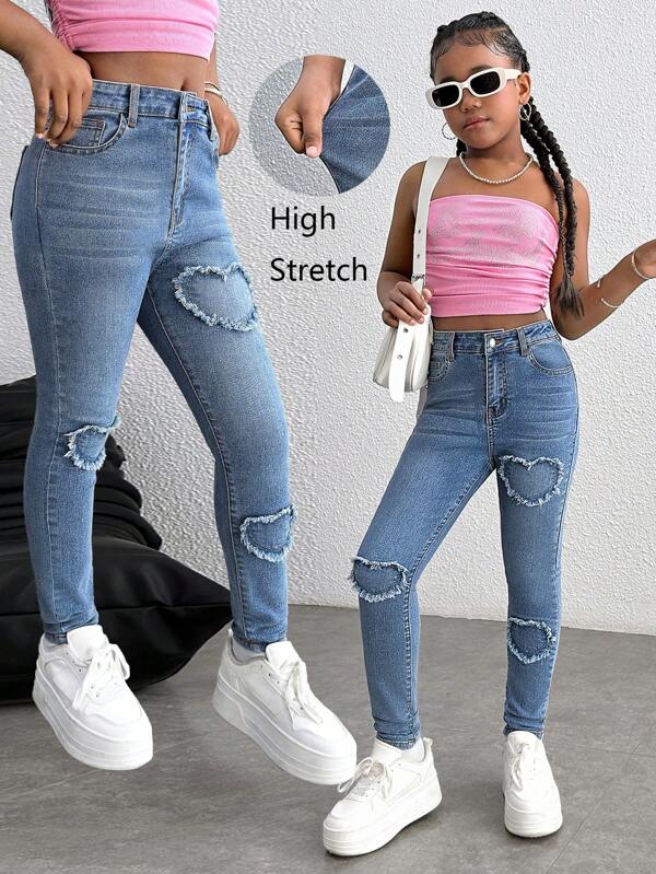 青少年女孩牛仔裤紧身弹力心形刺绣长裤弹力紧身牛仔裤牛仔裤牛仔裤紧身牛仔裤弹力牛仔裤，女孩夏季海滩波西米亚风度假短裤，夏季音乐会节日休闲狂欢装，女孩夏季早午餐教堂毕业派对装