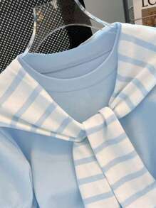 INAWLY 大码休闲简约拼色短袖T恤，适合日常通勤 - 藍色 - 查看 5