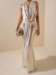 Zivah 2025 年夏季新款波西米亚优雅派对性感海滩度假防晒病毒病毒两件套女士套装 - 杏色涂层垂坠领精致贝壳装饰长裙 - 杏色 - 查看 2