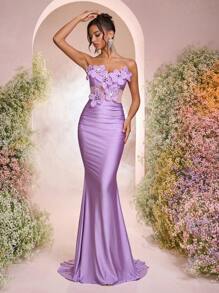 Glamrae 优雅浪漫的紫色手工五瓣水晶装饰 V 领腰开衩美人鱼鱼尾拖尾长裙，适合约会、单身派对、正式场合、舞会、鸡尾酒会、庆典（重磅） - 淡紫色 - 查看 5