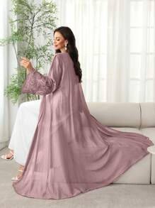 SHEIN Najma Arabic Style Floral Embroidery Open Front Abaya Robe With Beaded Cuffs, Lightweight For Spring/Summer - Dusty Pink - View 2