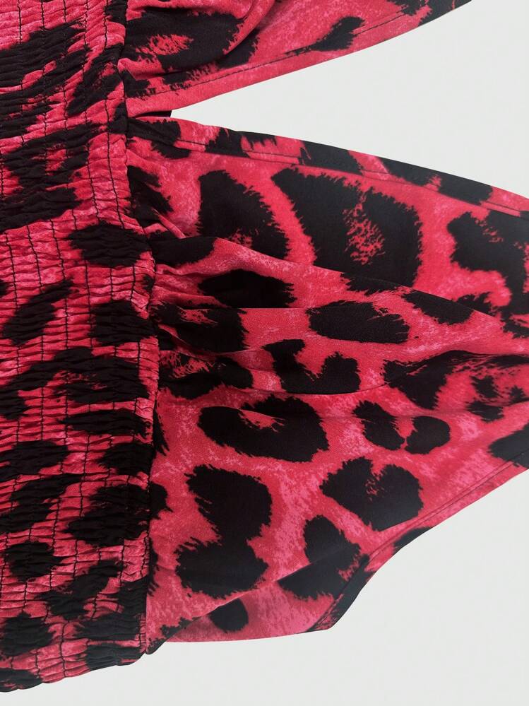 Sweetra Vestido corto con estampado de leopardo y cordón en la cintura para mujer de talla grande - Rojo - Añade 4