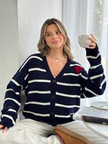 EURMUSE Nautical Romance Striped Knit Cardigan – Navy Blue V-Neck With Classic White Stripes And Red Heart Accent For A Playful Chic Look,Long Cardigans Woman,Petite Cardigans,Cardigans - Navy Blue - View 3