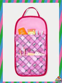 THE POWERPUFF GIRLS X SHEIN Pink Plaid Blossom, Bubbles, Buttercup Pattern 2-Compartment Wall Mount Storage Organizer, For Back To School