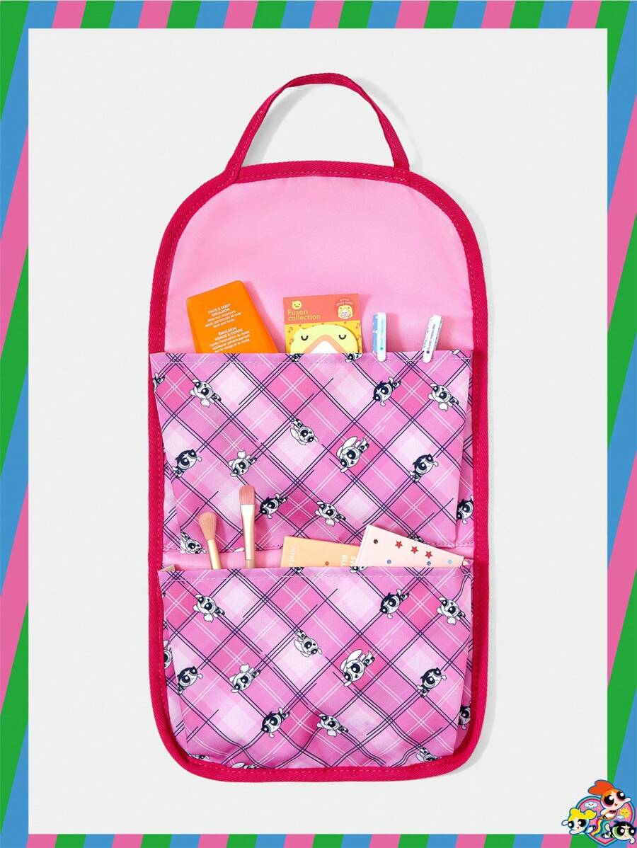 THE POWERPUFF GIRLS X SHEIN Pink Plaid Blossom, Bubbles, Buttercup Pattern 2-Compartment Wall Mount Storage Organizer, For Back To School