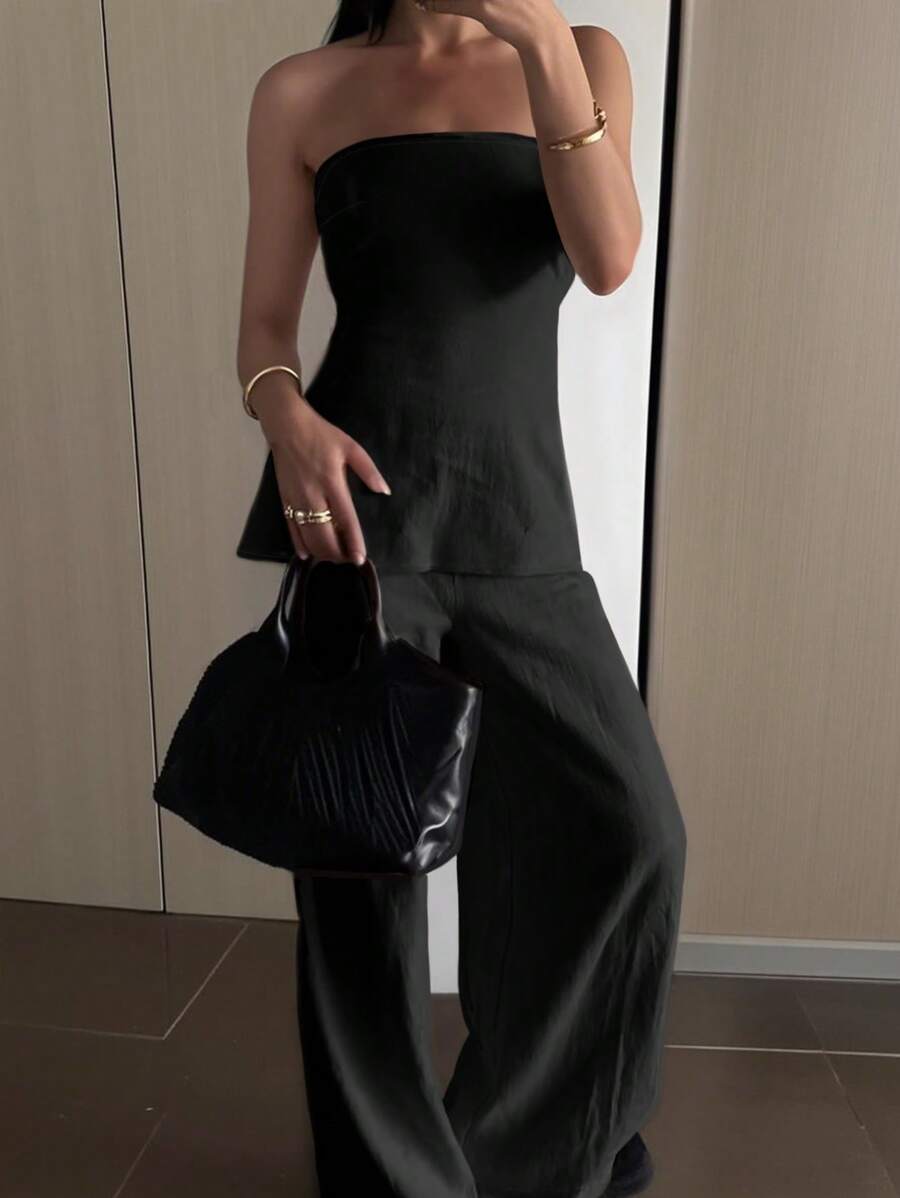 SHEIN Frenchy 2件組女款純色抹胸上衣與褲子套裝,休閒極簡優雅穿搭,黑色夏季晚餐之夜外出裝 - 黑色 - 查看 1