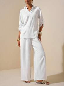 Zivah 2025 New Summer Casual Elegant Vacation Daily Dating Commuting Work Wear Simple Basic Style Lapel Long-Sleeved Drop Shoulder Loose Shirt + Wide-Leg Ultra-Long Pants White Women's Two Pieces Suit White Two Pieces Set Women Women White Summer Set Loungewear Women