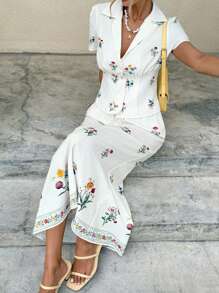 SHEIN Frenchy Women All White Floral Print Short Sleeve Top And Mini Skirt Casual Two Pieces Set White Floral Dress Women White Midi Dress Summer Midi Dress White Summer Dress Embroidered Floral Dress