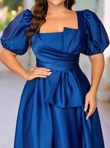 SHEIN Belle فستان زفاف ذو أكمام منتفخة وفيونكة كبيرة بتصميم أنيق رومانسي باللون الأزرق مقاسات كبيرة، فستان سهرة رسمي واسع بطيات كبيرة