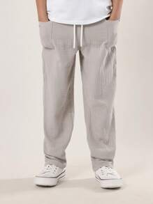 SUMWON 舒适棉质抽绳裤 儿童休闲沙滩度假装 春夏宽松轻便长裤 - 淺灰色 - 查看 4