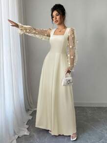 Firerie 女士网眼刺绣长袖方领系带 A 字裙，浪漫伴娘礼服，适合婚礼、派对、约会、毕业典礼、表演、音乐会