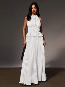 Athîral 女士时尚纯色露背褶皱连衣裙 - 白色 - 查看 5
