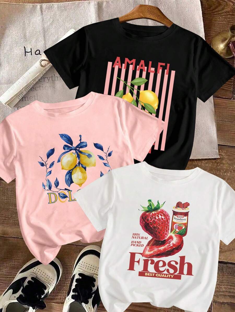 3pcs Set Women Casual Short Sleeve T-Shirts With Amalfi Coast, Fruit, Lemon, Strawberry Vivid Graphic Prints, & Suitable For Holiday Wear