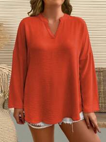 EMERY ROSE Plus Size Women Woven Solid Textured Deep V Neck Drop Shoulder Long Sleeve Curved Hem Casual Blouse, Spring/Summer Fall Cloth For Women