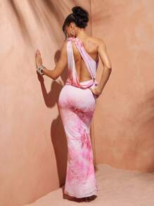 Hauture Women's Sexy Summer Vacay Pink Leopard Floral Mesh Front Cut Out With Orchid Detail Maxi Dress