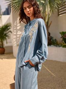 DAZY Damen 3D besticktes Oberteil und weite Hose Set, Retro Stil Lässig Urlaubsoutfit Blaue Bluse für Damen Boho Hemden Damen Bestickte Hemden für Damen Damen Blaue Tops, Herbstkleidung - Blau - Übersicht 1