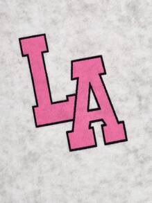 SHEIN Set 1 tricou cu mânecă scurtă și pantaloni lungi evazați pentru fete, vintage, casual, cu guler rotund, model cu litere, potrivit pentru joacă în aer liber și școală - Gri - Vizualizare 3