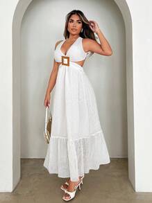 Xyvia Women Solid Color Lace-Up Crossed Wrap-Around Hollow Dress - White - View 6