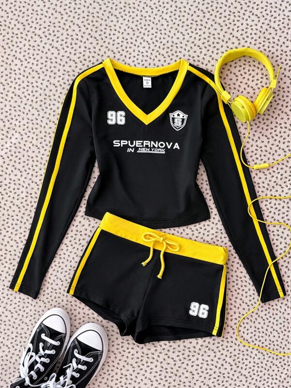 Set de 2 buc. Hanorac sport casual tricotat, culoare solidă, galben contrastant, cu imprimeu YOUNGH și pantaloni scurți, potrivit pentru primăvară, vară, toamnă, iarnă, sport, sezonul de întoarcere la școală