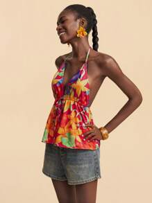 Travachic 女士印花系带腰身时尚露背吊带背心，适合度假、海滩度假、夏季等各种场合。 - 紅色 - 查看 7