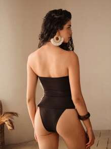 Anewsta 女士蕾丝拼布抹胸上衣和三角泳裤比基尼套装 - 藏蓝色 - 查看 3