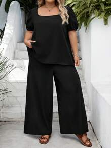 SHEIN CURVE+ Bộ đồ nữ cỡ lớn bằng vải cotton crepe giặt, 2 món, áo cổ vuông tay ngắn màu trơn cỡ lớn và quần rút dây, trang phục đi nghỉ mùa hè/đồng quê/bãi biển/trang phục đi biển/đồ mặc đi biển - màu đen - Xem 7