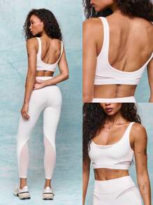 GLOWMODE FeatherFit™ Go Further Crew Neck Removable Cups Mesh Sports Bra Low Impact Yoga Pilates Barre Studio Daily Casual Wear - White - View 8