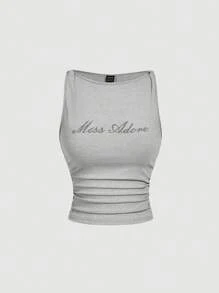 SHEIN MOD Áo nữ màu xám cổ tròn xếp ly với họa tiết chữ đính đá. - Xám - Xem 1