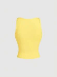 SHEIN MOD Top de tirantes ajustado de mujer en color amarillo con diseño de pliegues y diamantes de imitación - Amarillo - Ver 2