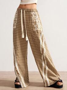 Bohemela Pantalones rectos casuales de mujer de tela escocesa trenzada - Caqui - Ver 4