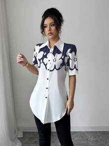 Elenzga Floral Patterned Short Sleeve Contrast Color Stylish Design Cinched Waist Long Length Slimming Versatile Sexy Casual Holiday Shirt For Women, Spring/Summer