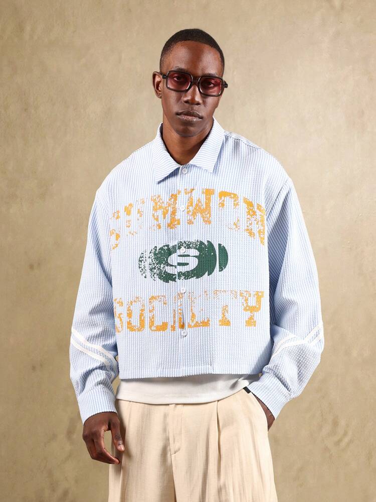 Retro Varsity Stripe Seersucker Long Sleeve Button Down Shirt