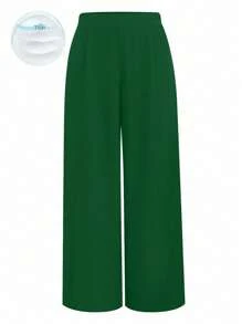 Rometta Quần ống rộng màu trơn cỡ lớn đa năng thường ngày - Màu xanh lá cây đậm - Xem 6