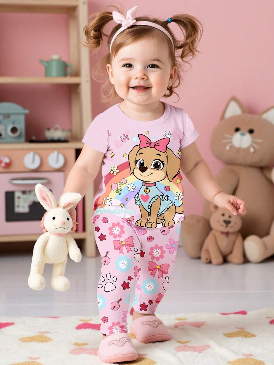 SHEIN 粉色可爱小狗印花，彩虹蝴蝶结花卉印花，女婴休闲简约贴身圆领短袖裤睡衣套装，适合夏季 - 彩色 - 查看 1