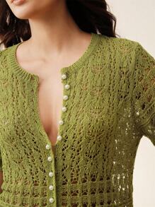 Anewsta Elegant stickad kofta med kort ärm för vår/sommar, strandkläder för kvinnor - Olivgrön - Visa 5