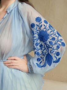 Anewsta 女士加大码刺绣系腰衬衫，优雅通勤休闲上衣