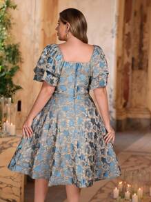 Aureia 加大码优雅浪漫华丽的蓝色提花缎面甜心领，带有褶皱和不对称荷叶边袖子，下摆适合晚宴、单身约会派对、舞会、度假、婚礼活动、返校季、毕业季、舞会礼服复古连衣裙 - 藍色 - 查看 4