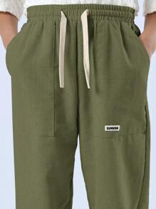 SUMWON 优质亚麻阔腿夏季直筒抽绳休闲沙滩裤，轻盈透气，适合秋冬春装度假穿着 - 橄欖綠 - 查看 5