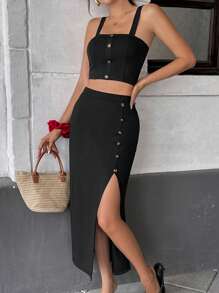 SHEIN LUNE 2pcs Set - Cropped Camisole Top And High Waist Button Front Split Maxi Skirt, Women's Stylish Minimalist - Black - View 4