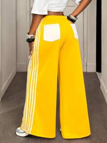 女式字母和侧条纹印花抽绳腰部宽松运动裤 - 黃色 - 查看 2